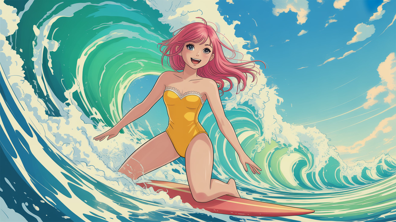 Cheerful Anime Girl Surfing on Vibrant Ocean Wave