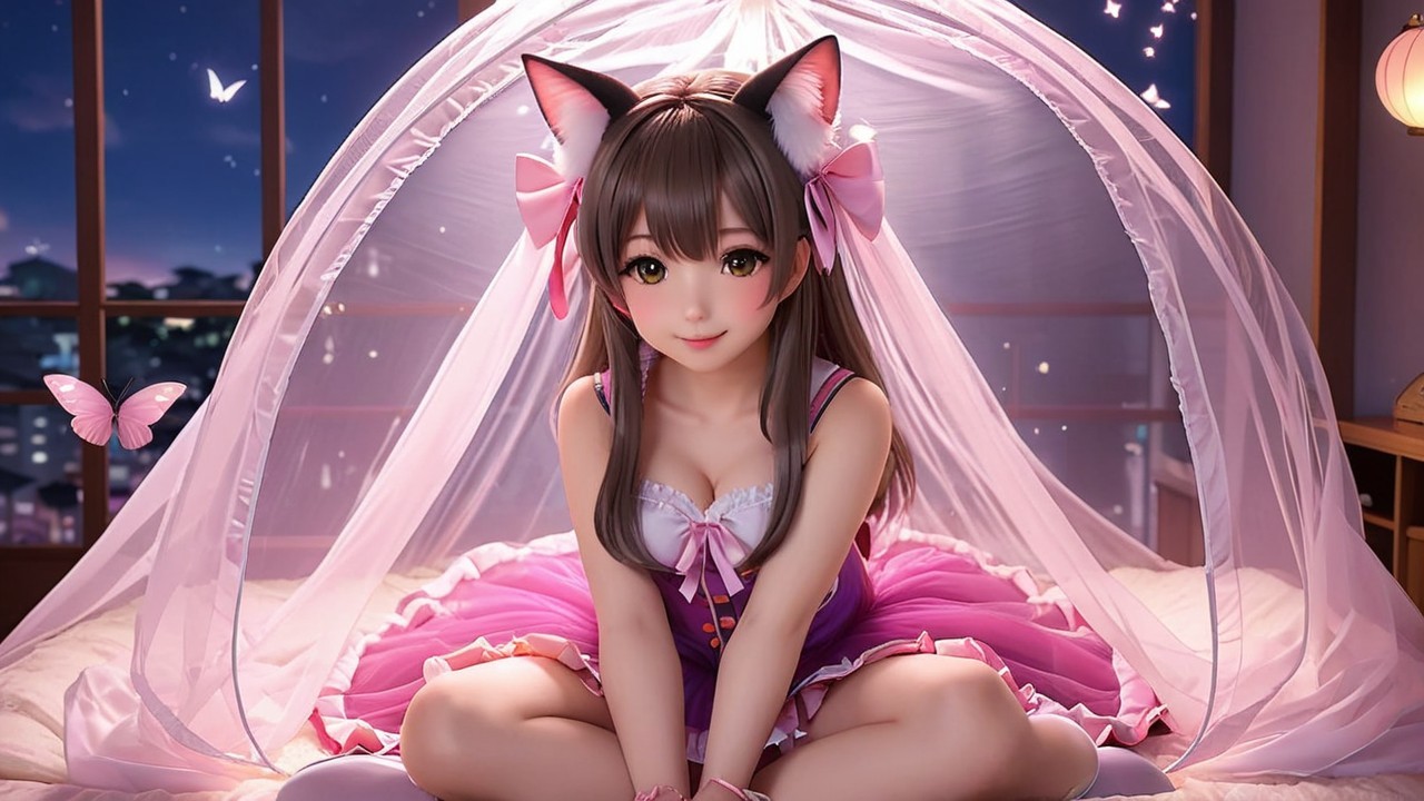 Whimsical Bedroom Scene with Girl in Pink Outfit