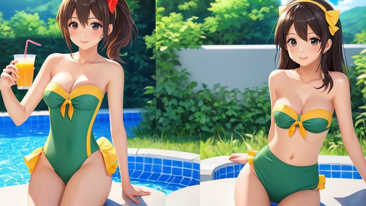 Cheerful woman by pool in vibrant swimsuit and drink