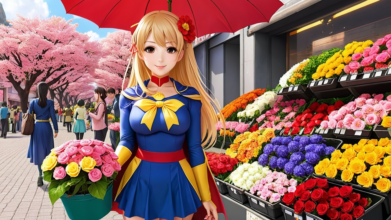 Cheerful Woman in Flower Market with Colorful Roses