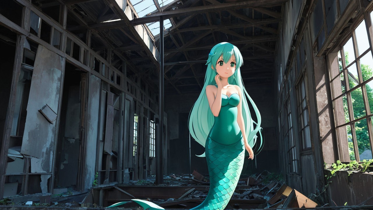 Mermaid in Abandoned Building with Sunlight and Debris