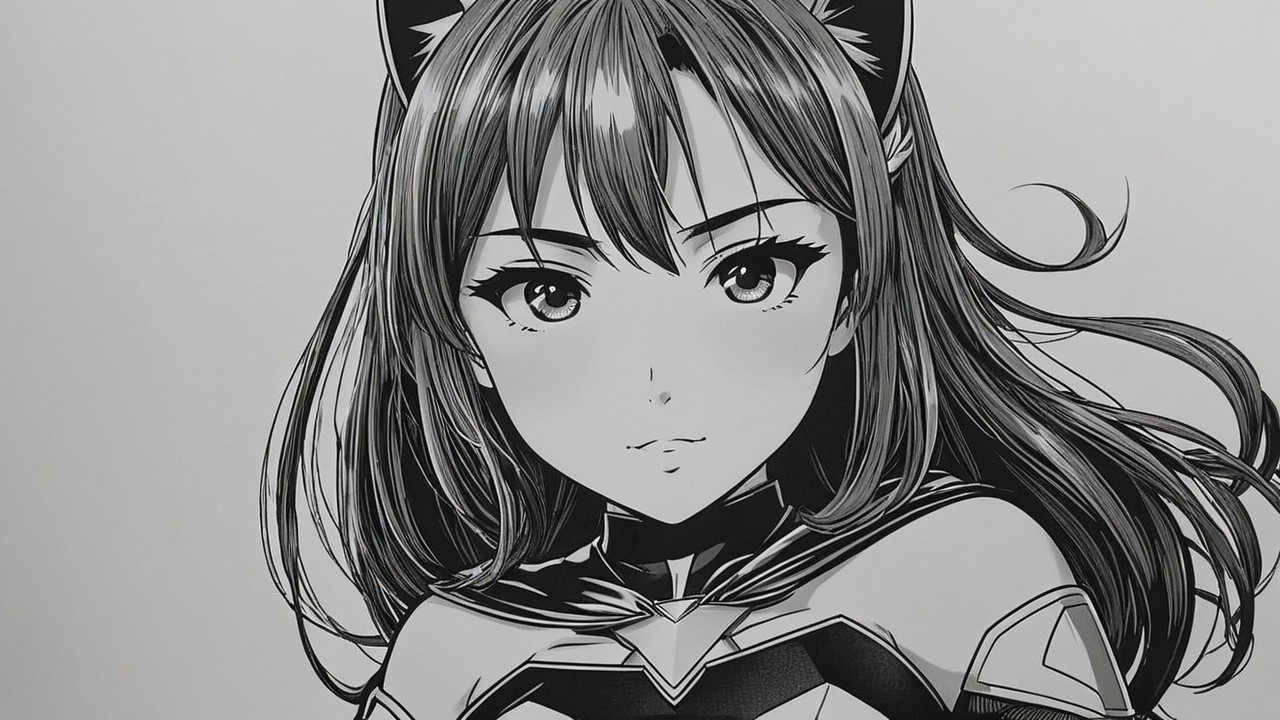 Black-and-white illustration of a confident female character