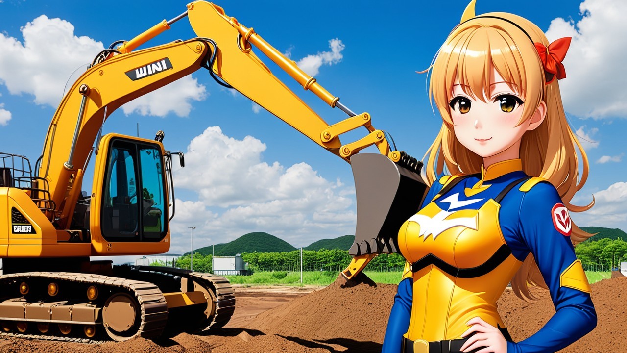 Cheerful Anime Character with Excavator in Landscape