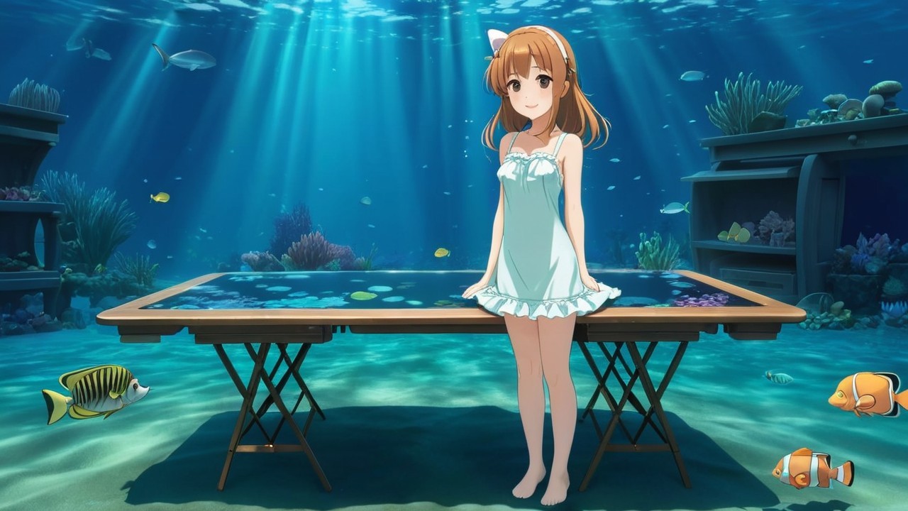 Young girl in blue nightgown in serene underwater scene
