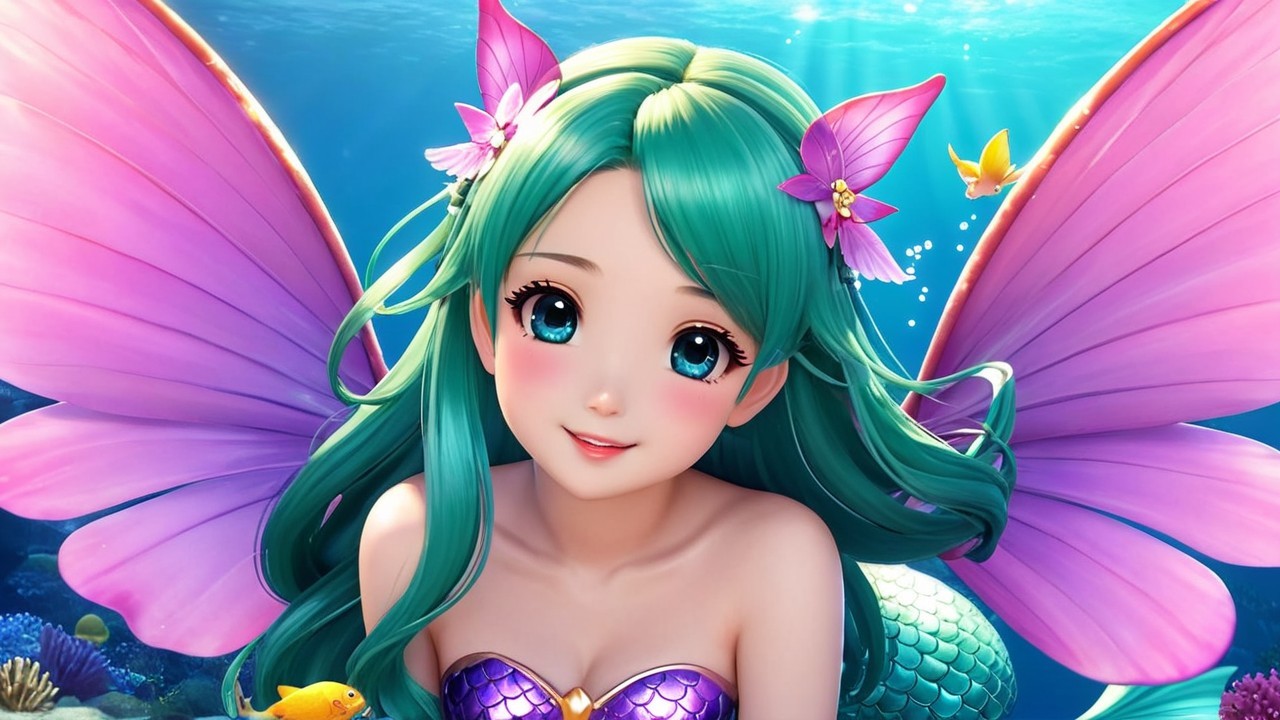 Whimsical Mermaid with Turquoise Hair and Butterfly Wings