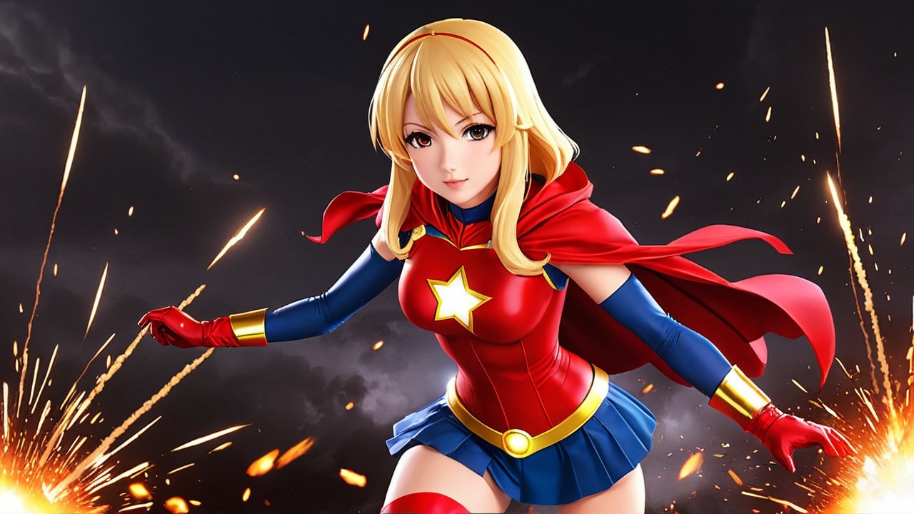 Fierce Female Superhero in Red and Blue Costume