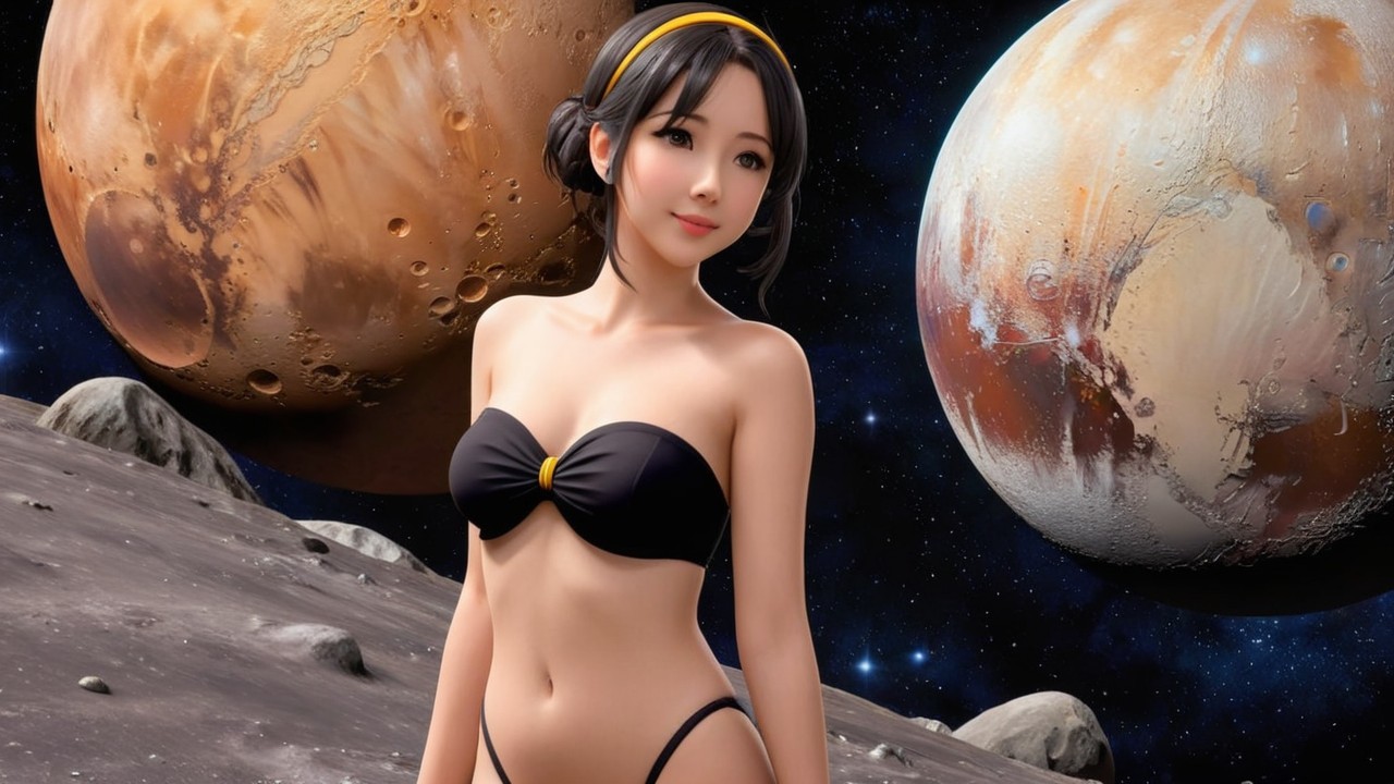 Character in Black Bikini on Lunar Surface with Planets