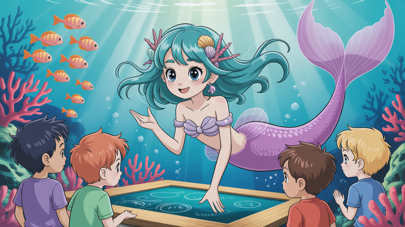 Underwater Scene Featuring a Mermaid Teaching Boys