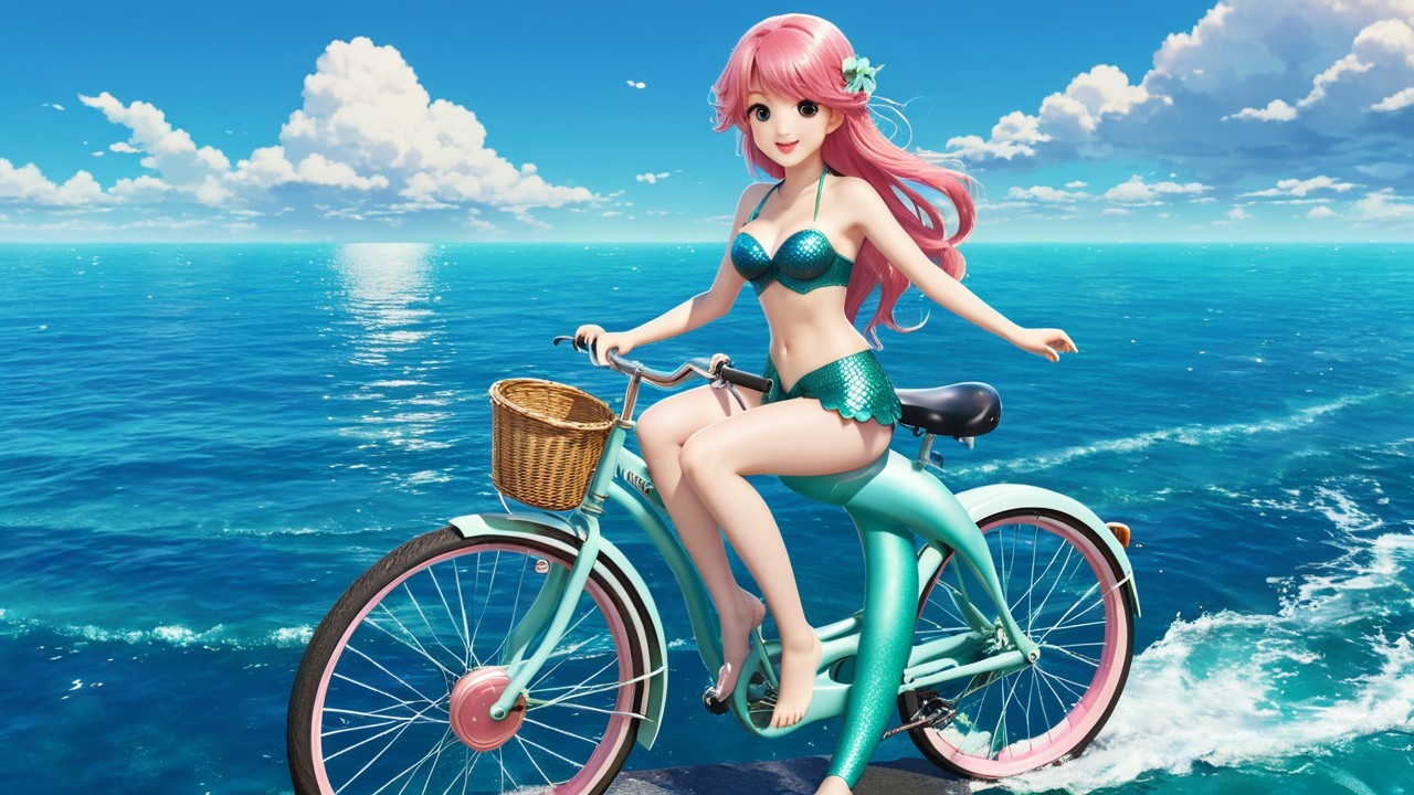 Whimsical Summer Scene with Pink-Haired Figure on Bicycle