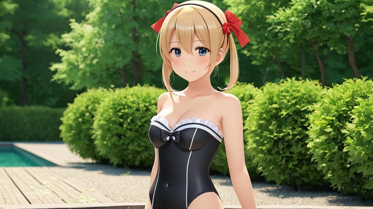 Cheerful Anime Character by Lush Garden and Poolside