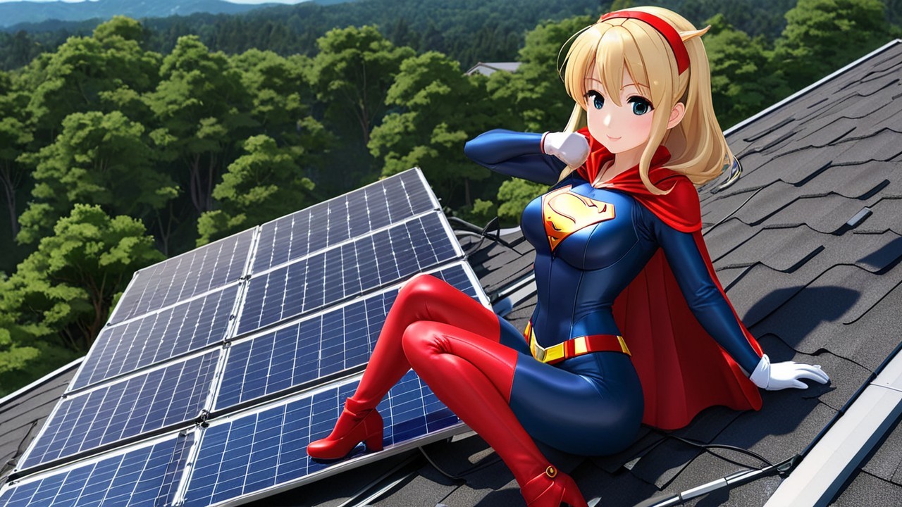 Anime-style superhero girl on a rooftop with solar panels