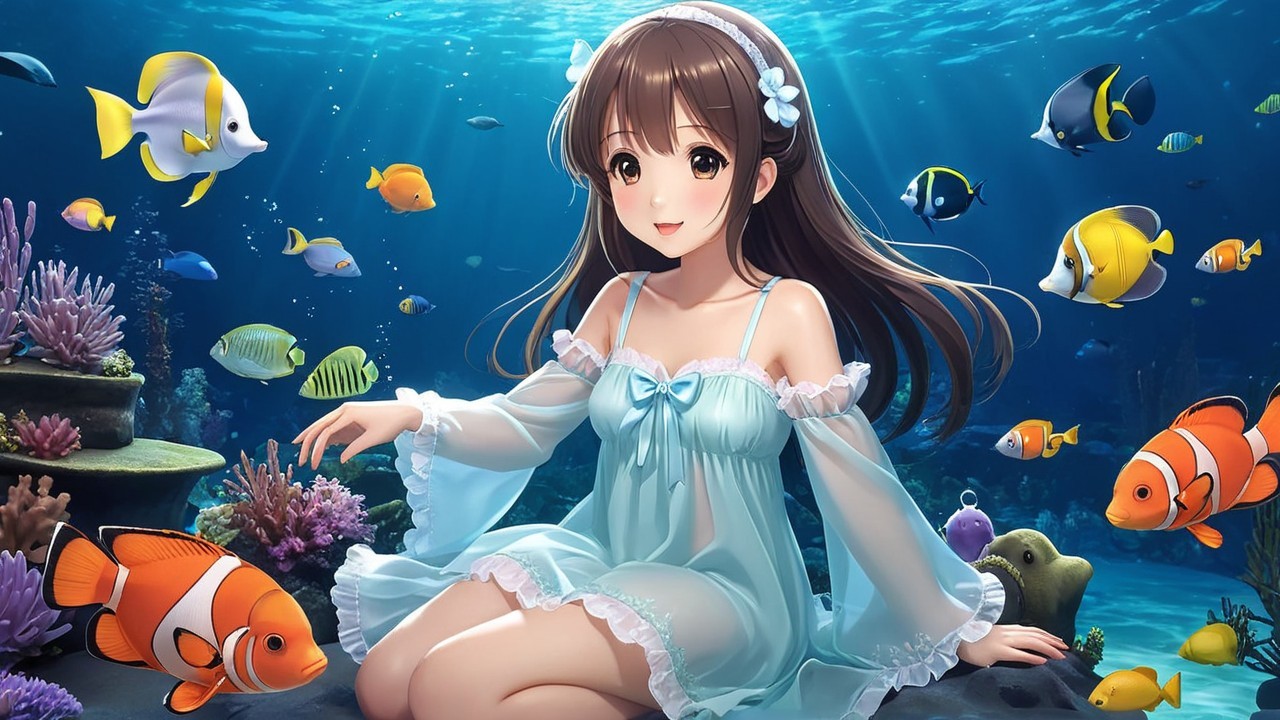 Underwater Scene with Girl and Colorful Marine Life