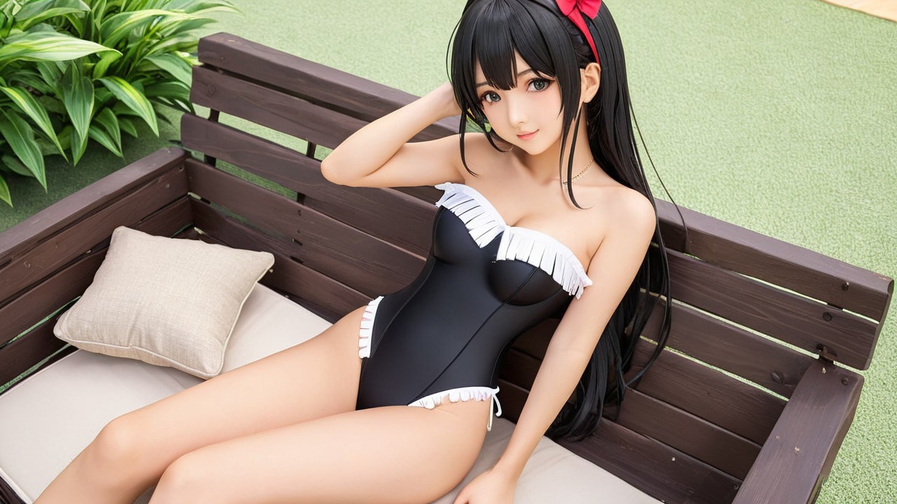Young woman in black swimsuit on sunlit bench