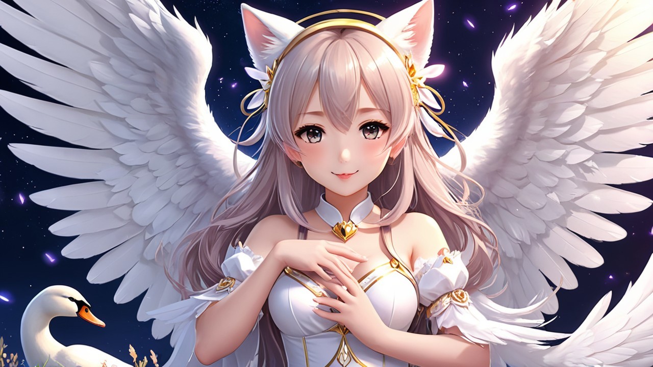 Serene character with wings and cat-like ears in white