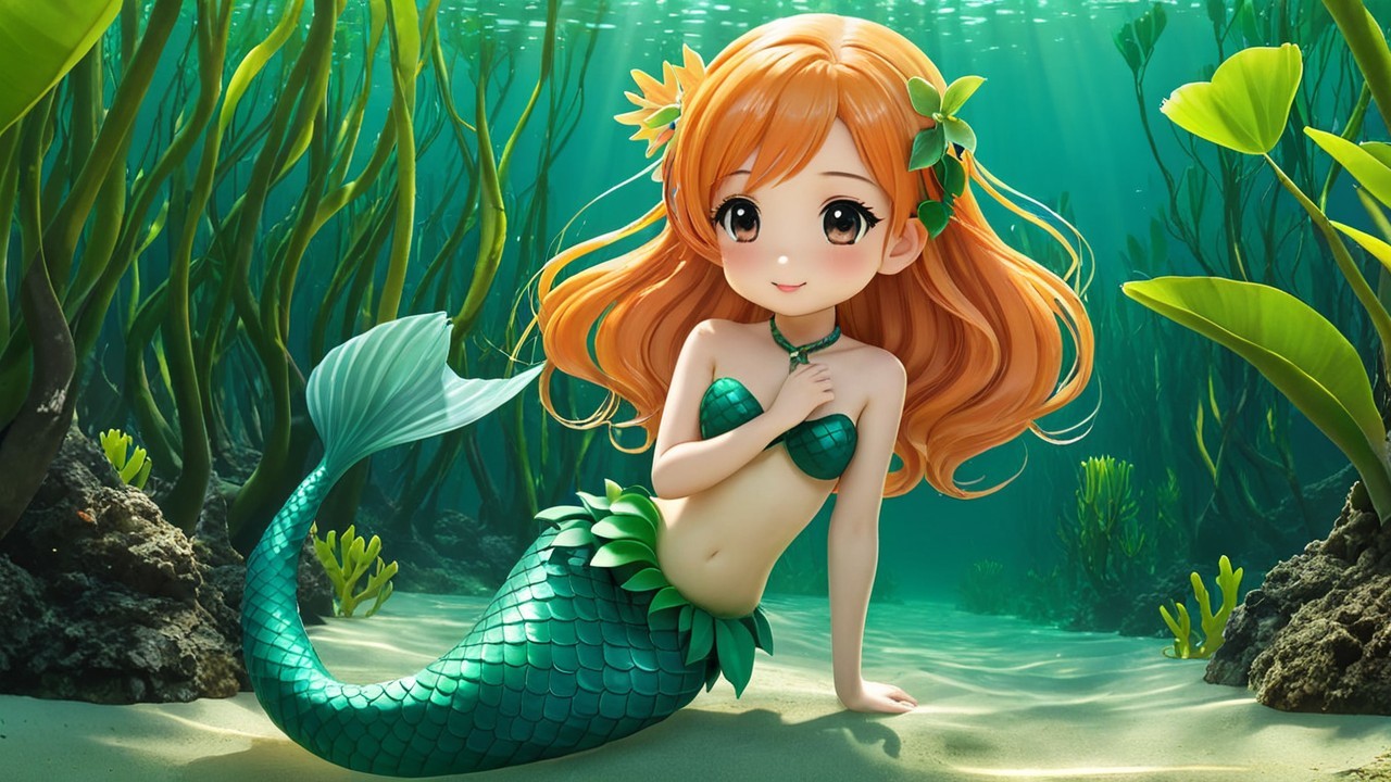 Anime-style mermaid on ocean floor with vibrant scenery