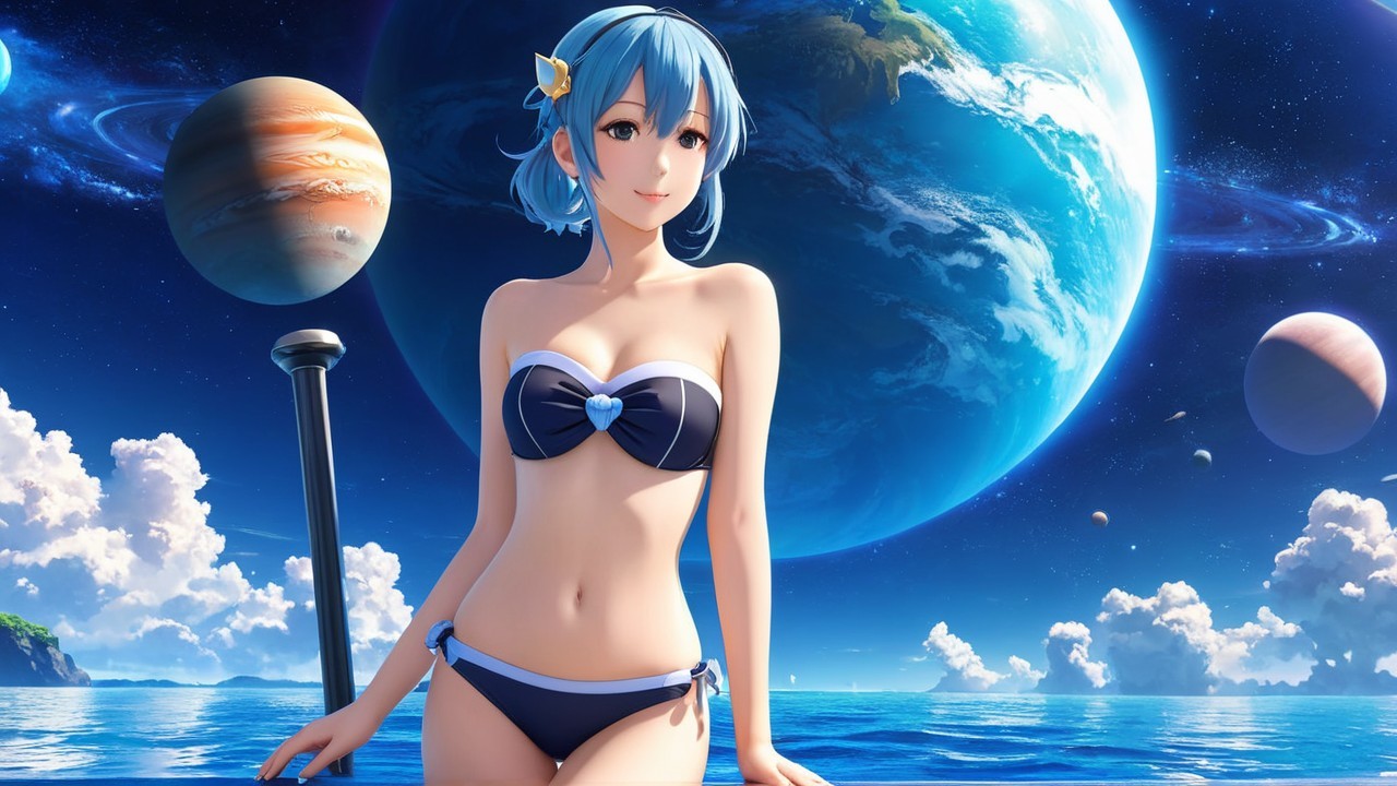 Anime Character in Cosmic Beach Setting with Planets