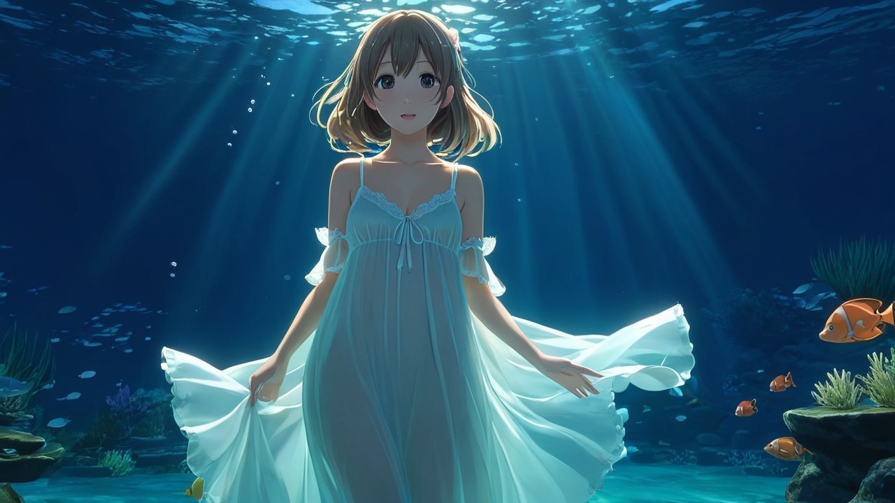 Underwater Scene with Young Woman in Translucent Dress