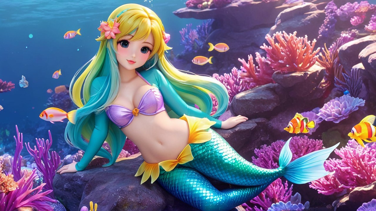 Colorful Mermaid in Vibrant Underwater Scene