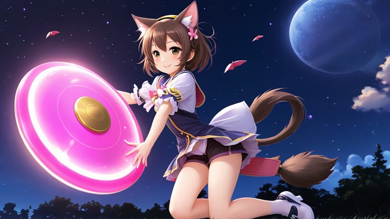 Cheerful Anime Girl with Cat Ears Playing at Night