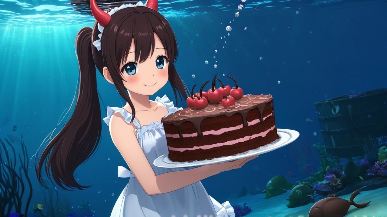 Underwater Scene with Girl, Cake, and Colorful Fish