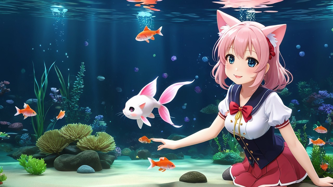 Cheerful anime girl with cat ears underwater scene