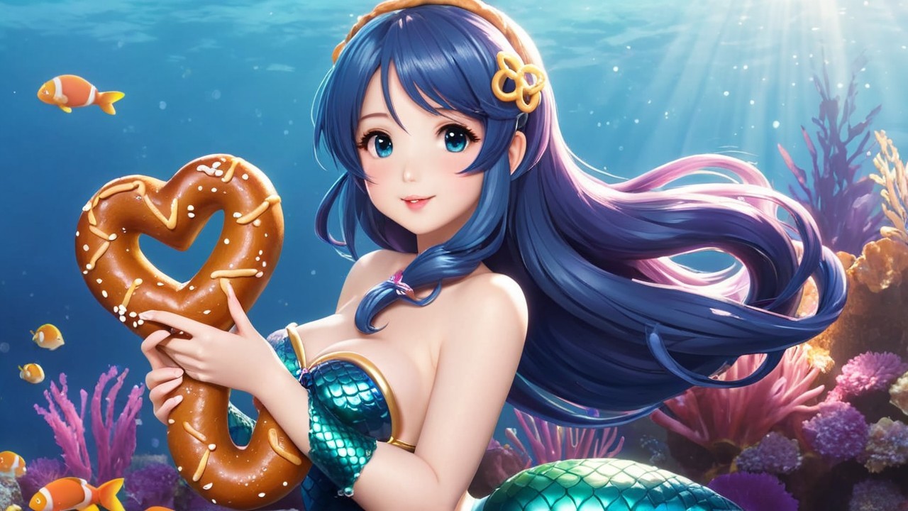 Mermaid with Blue Hair and Heart-Shaped Cookie Underwater