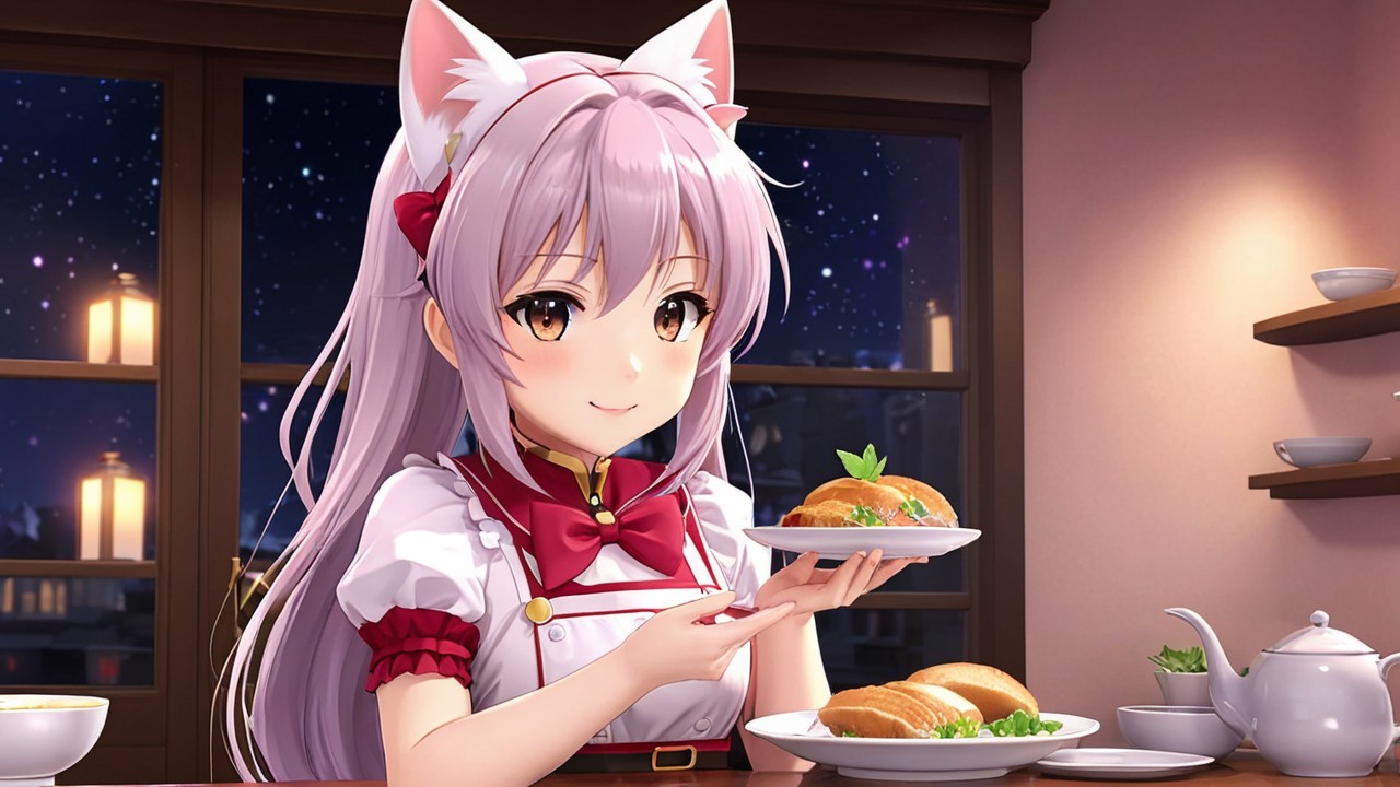 Anime Girl in Cozy Kitchen with Croissants