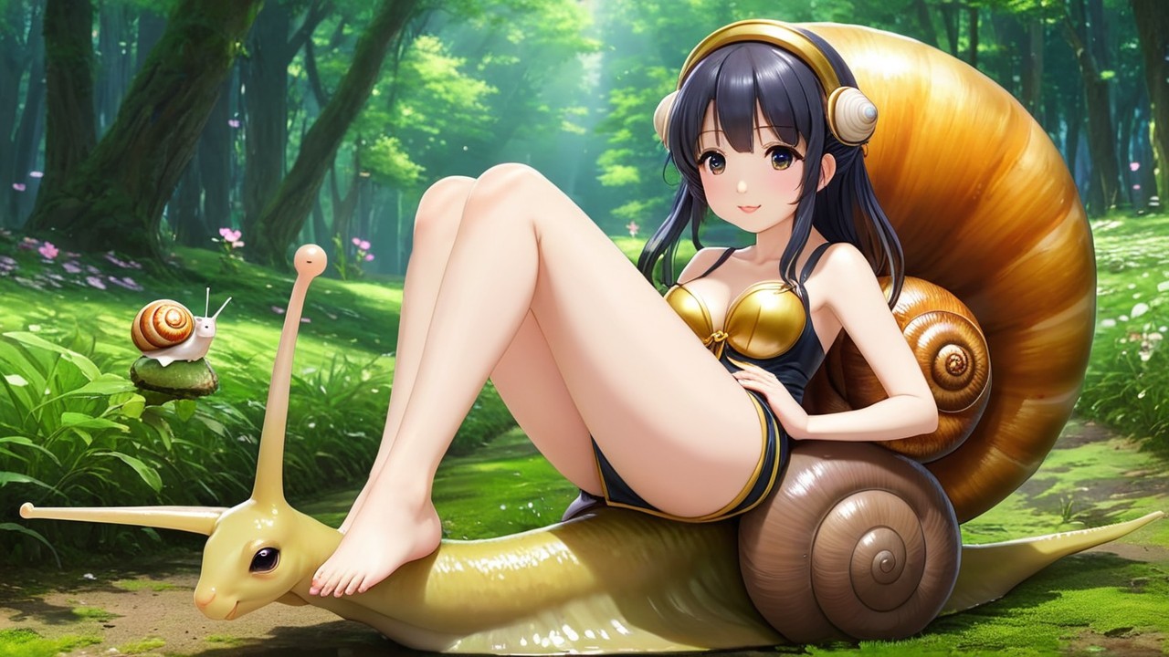 Whimsical Forest Scene with Woman on Giant Snail