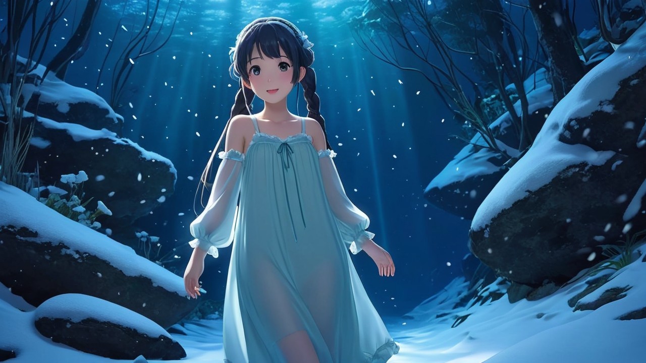 Underwater Scene with Girl in Light Blue Dress