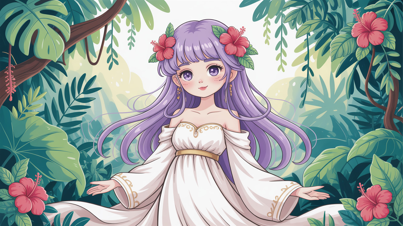 Anime Illustration of Girl in Tropical Jungle Setting