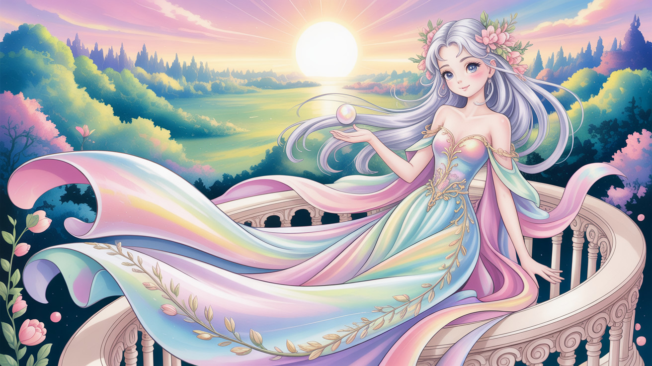 Anime Woman in Pastel Dress on Stone Balcony at Sunset