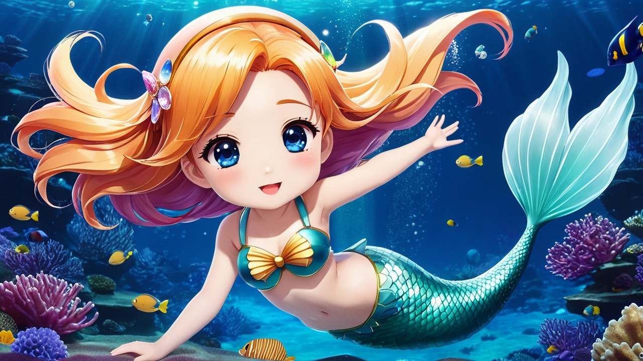 Cheerful Mermaid in Vibrant Underwater Scene