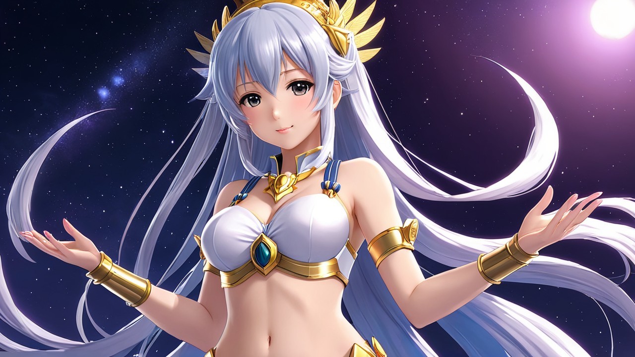 Fantastical female character in silver hair and gold attire