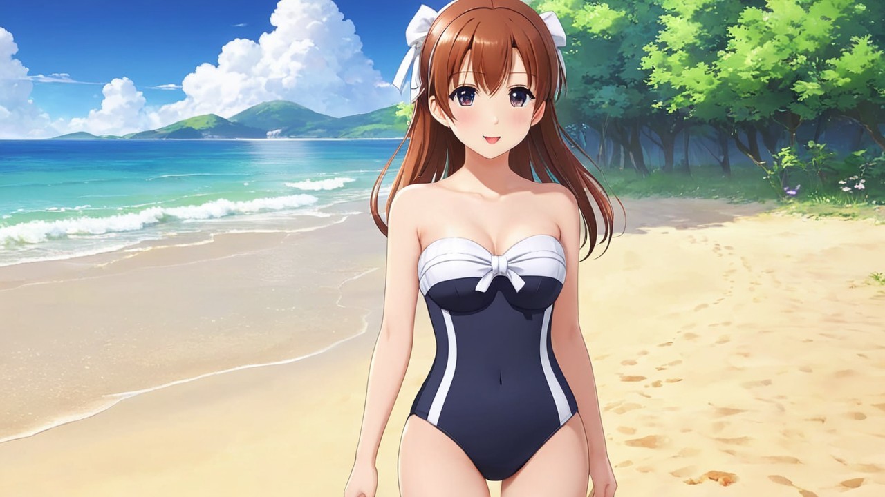 Cheerful character in stylish swimsuit at sunny beach