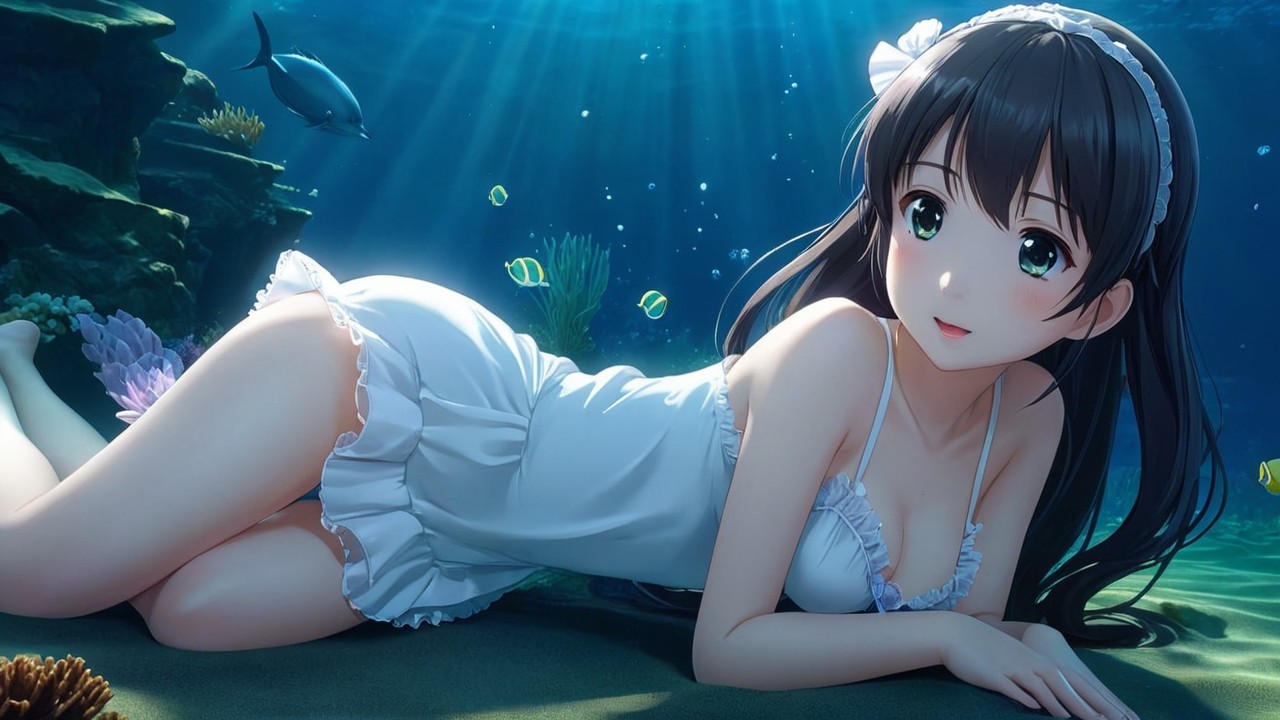 Underwater Scene with Young Woman and Colorful Marine Life