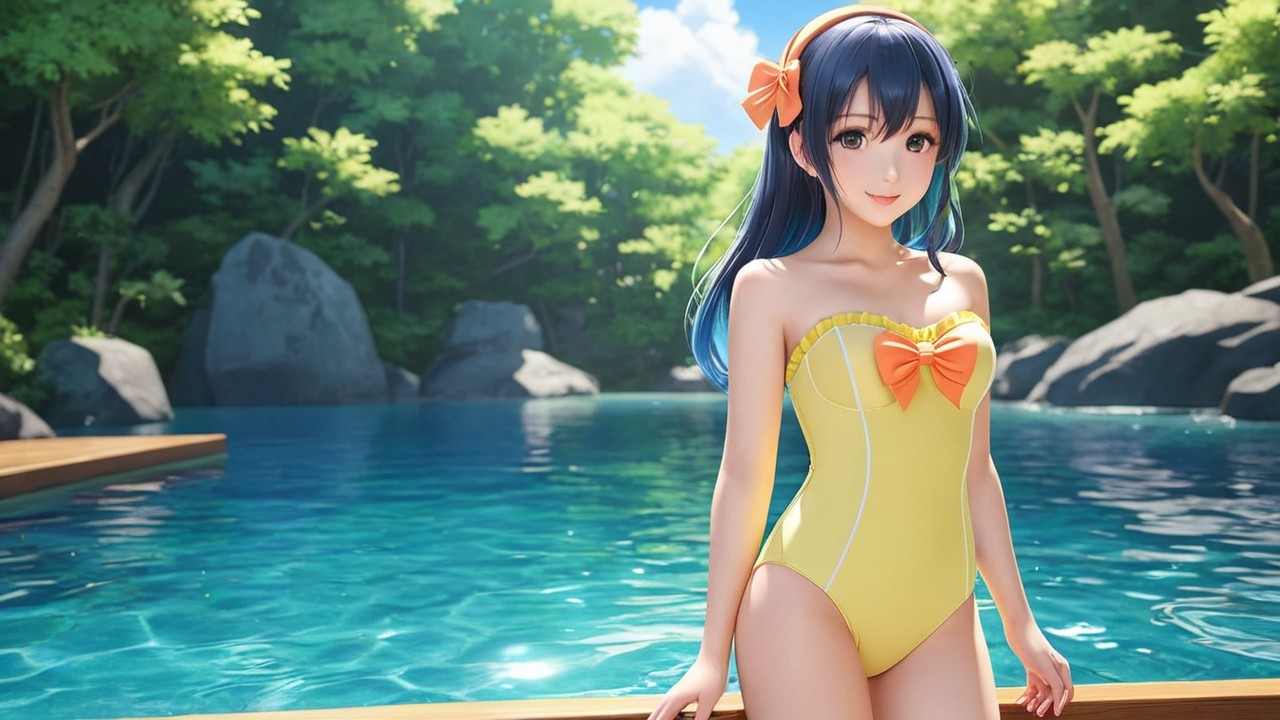 Cheerful Woman by Serene Pool in Bright Swimsuit