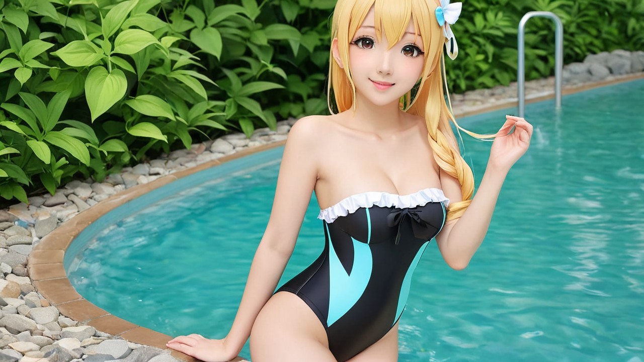 Young woman in black and aqua swimsuit by pool