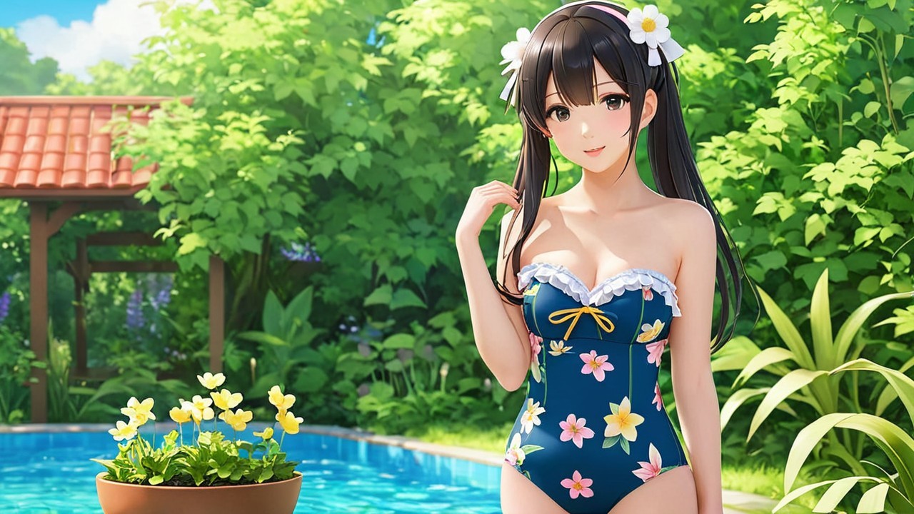 Young woman in blue swimsuit by tranquil pool