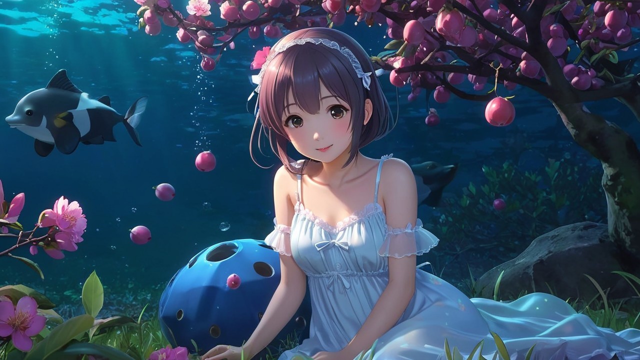 Underwater Scene with Girl, Blossoms, and Dolphin