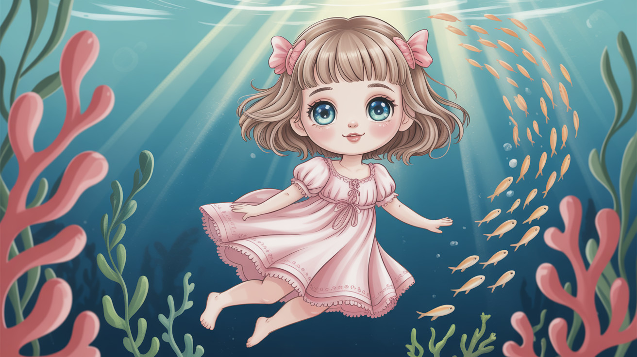 Chibi Anime Girl in Pink Dress Underwater Scene