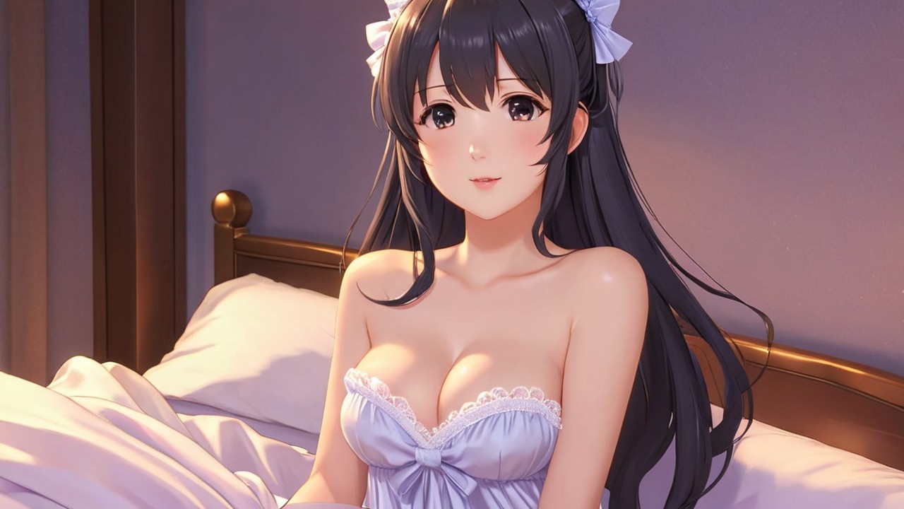 Young woman in light blue nightgown on a bed