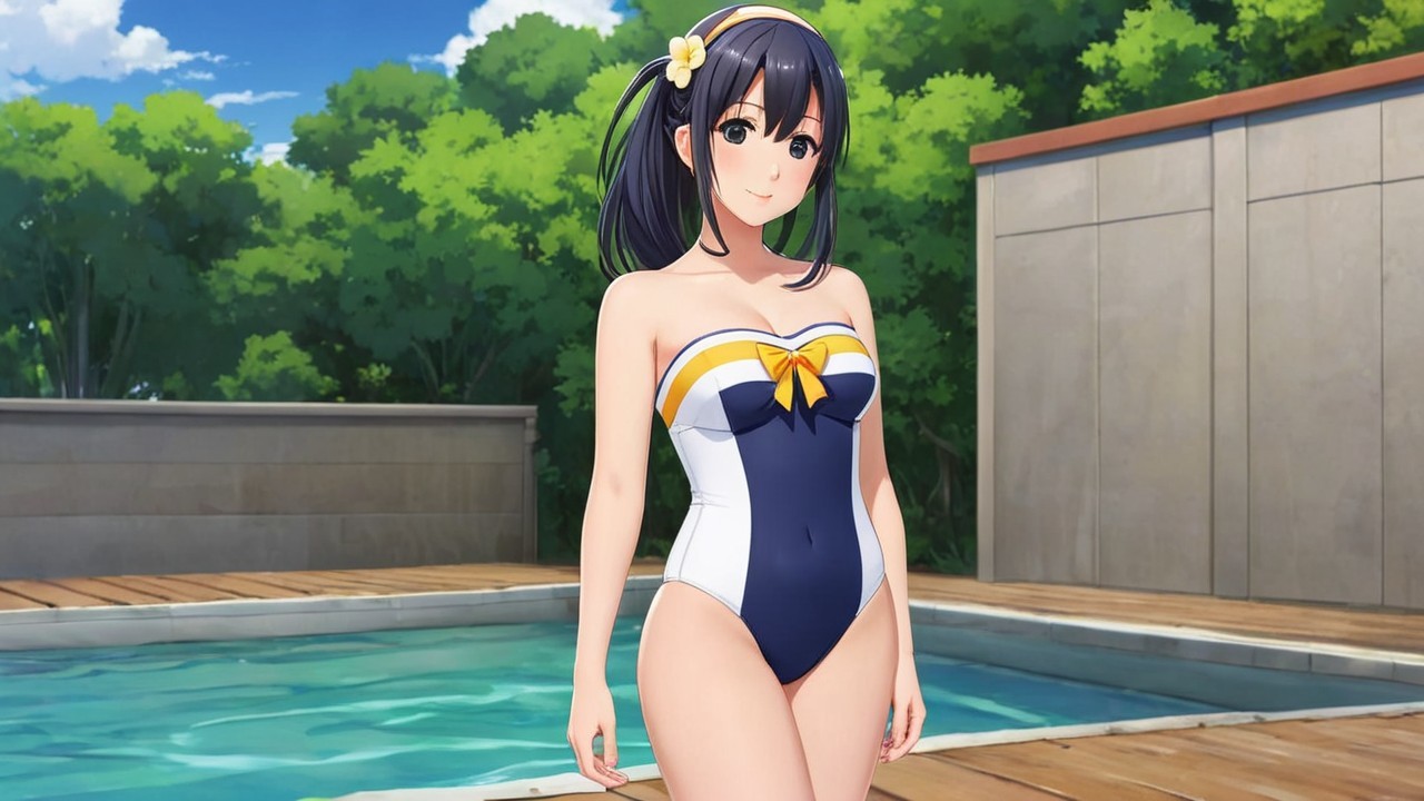 Young Woman in Stylish Swimsuit by Poolside Greenery