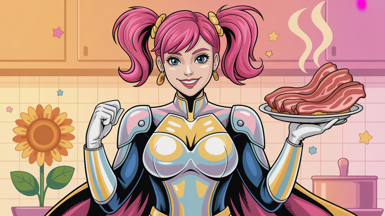 Pop Art Style Female Superhero with Bacon Platter