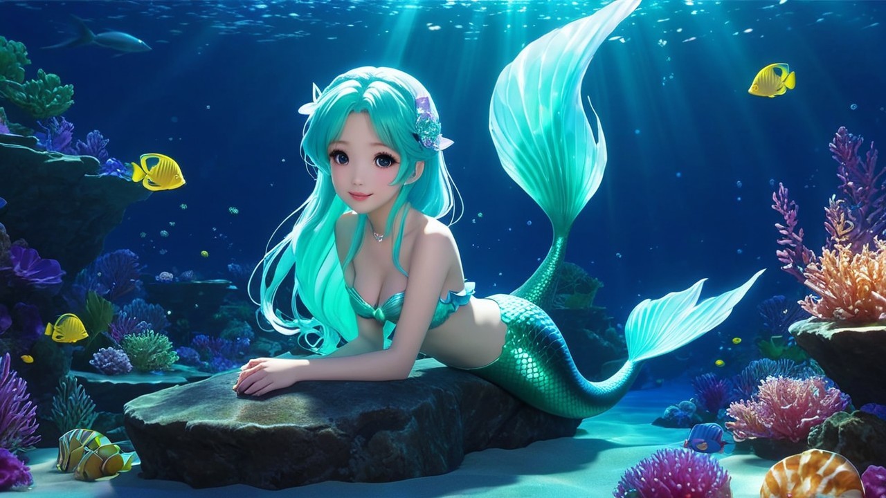 Vibrant Underwater Scene with Mermaid and Tropical Fish