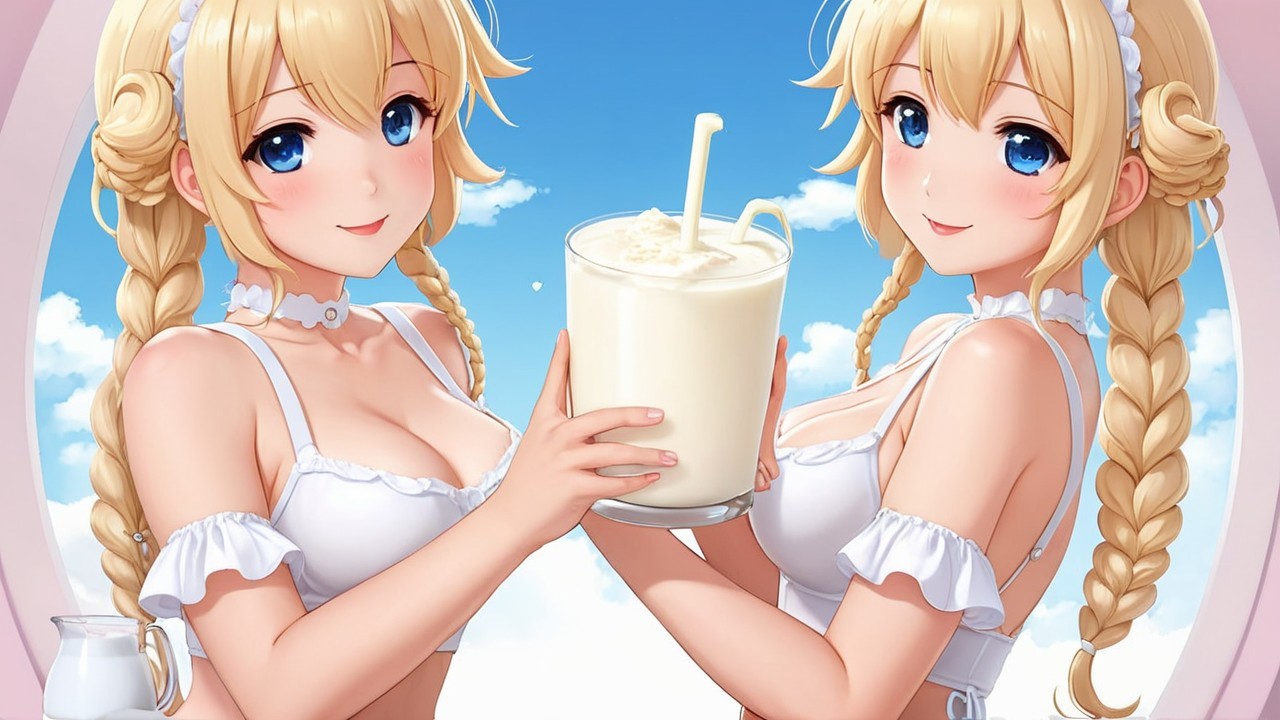 Cheerful anime twins with milkshake in sunny setting