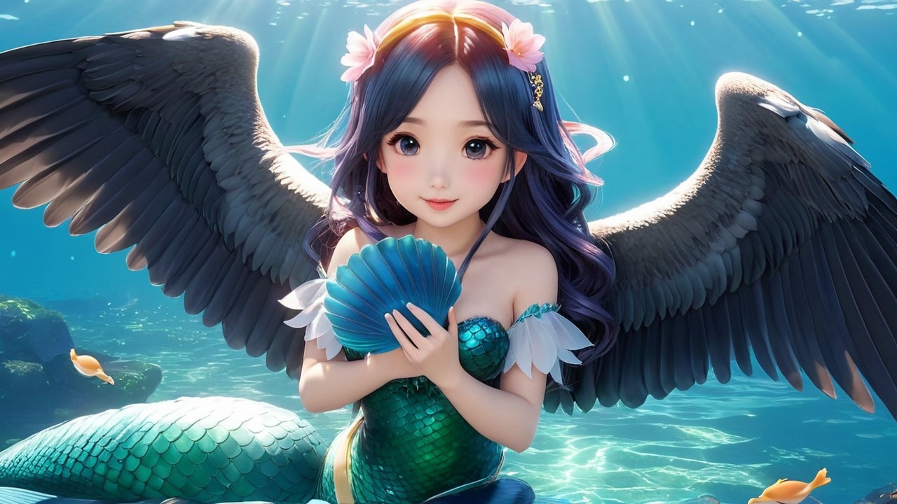 Mermaid with flowing hair and iridescent scales underwater