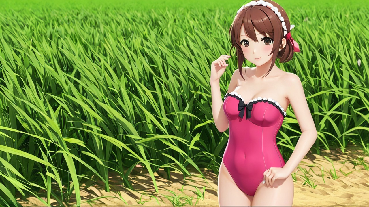 Cheerful Woman in Pink Swimsuit in Green Field