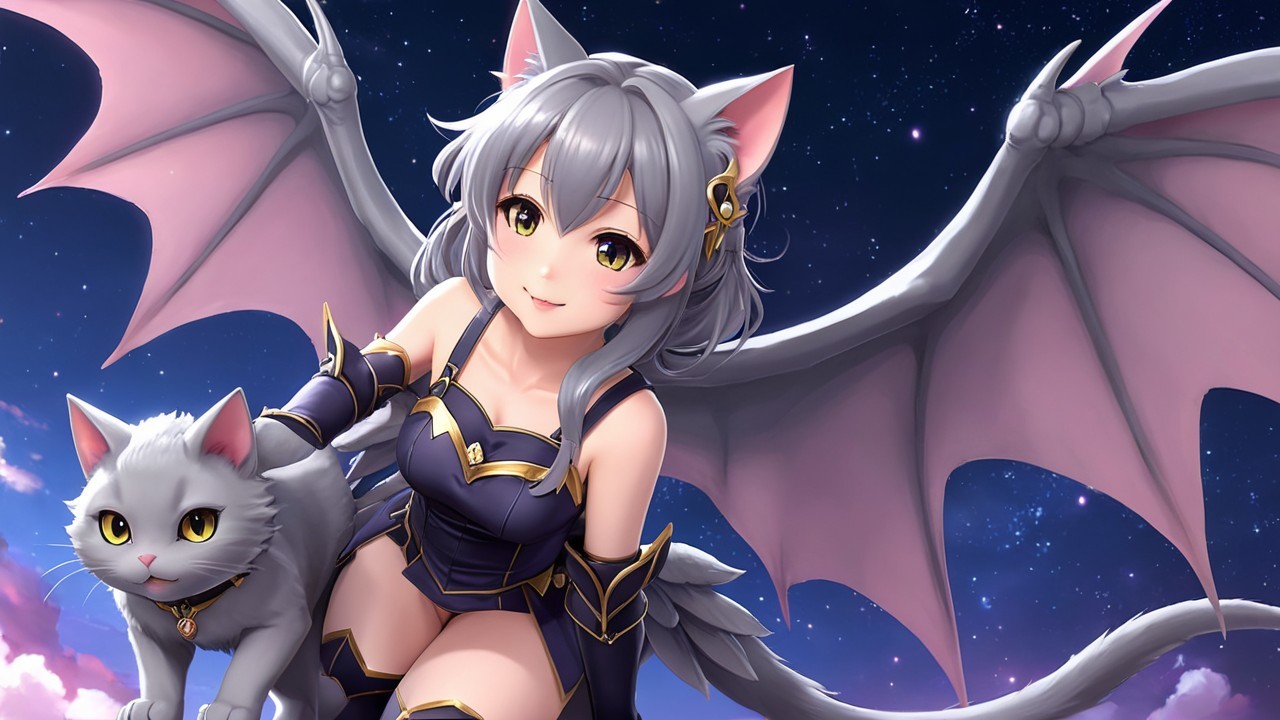 Fantasy Character with Cat Ears and Wings in Night Sky