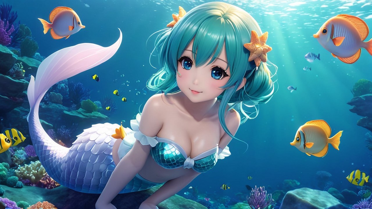 Vibrant Underwater Scene with a Cute Mermaid