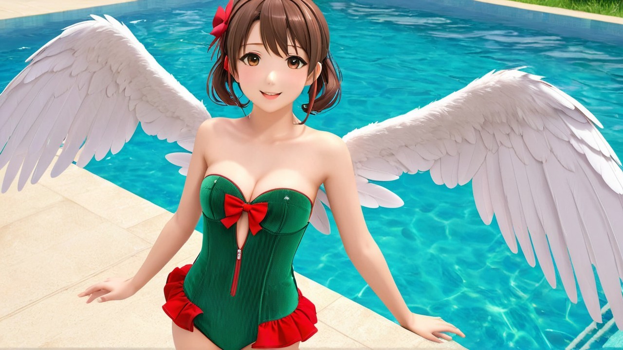 Cheerful character with wings by a blue pool